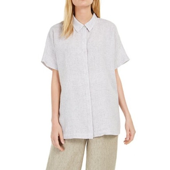 Eileen Fisher Tops - Eileen Fisher Grey Grid Check Linen Short Sleeve Button Down Shirt Size Large